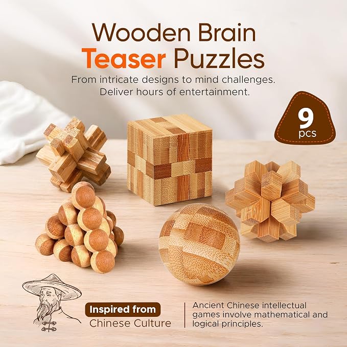 Wooden Brain Teaser Puzzles, 9pcs 3D Brain Teasers for Adults Teens Kids, Logic Mind Puzzle Box Lock Toy Removing Assembling 3D Small Puzzle Gift Set, Small 3D Unique IQ Hand Puzzles