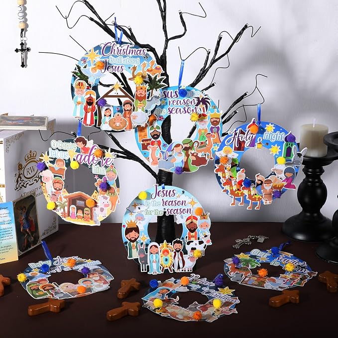 Hollowfly 48 Set Christmas Nativity DIY Wreath Craft Kits Xmas Activities | 8 Unique Jesus Nativity Scene Designs, Ideal Holy Night Decor, Sunday School Crafts & Christmas Religious Party Favors