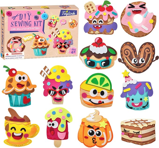 Toylink DIY Sewing Kit for Kids Ages 4-12, 12 Dessert Felt Craft Kit with Pre-Punched Holes, Blunt Plastic Needles, Cotton Stuffing - First Sewing Kit STEM Learning Toys for Girls Boys Birthday Gift