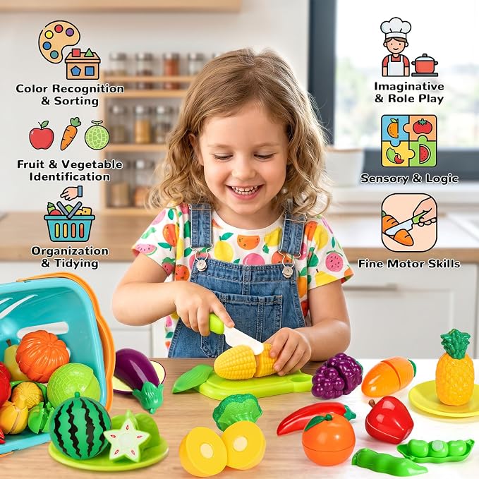 SOCBTNSO Pretend Play Food Set with Felt Tree Mat & Storage Basket for Kids | Kitchen Accessories Toys|Fruit and Veggie Sensory Toy|Montessori Color Sorting|Gift for Toddlers 3 4 5 6 Year Old|Boys Girls