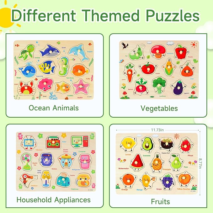 Melofaver 4 PCS Wooden Peg Puzzles for Toddlers, Montessori Kids Puzzle | 4 PCS Toddler Puzzles Set-Fruits, Sea Animals, Home Appliances, Vegetables, Learninng Toys Gift for 3 4 5 Years Boys Girls