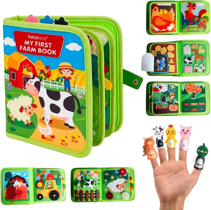 Busy Book for Toddlers 1-3, Montessori Toys for 1 2 Year Old Boy Girl Birthday Gifts, Farm Animal Busy Board Educational Learning Quiet Toddler Activity Book(Green)