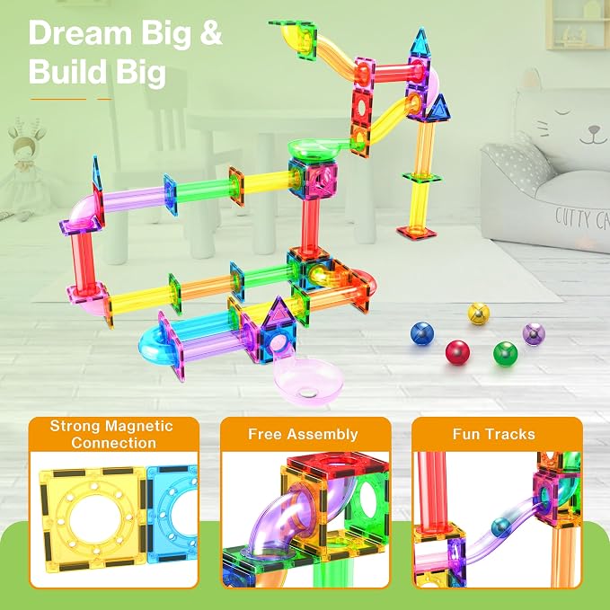 PicassoTiles 120 PCS Magnetic Tile Marble Run STEM Construction Set Ages 3+ | 10 dynamic shapes, translucent track parts, funnels & slopes, steel-weighted balls, BPA-free ABS, coordination & spatial play