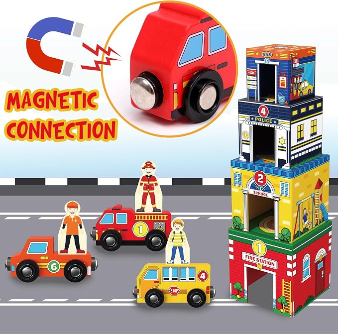 Atoylink Toddler Sorting and Stacking Toys with Magnetic Wooden Cars & Community Helpers, Baby Number Blocks Nesting Boxes Preschool Learning Montessori Toys for 2 3 Year Old Boys Girls Gift