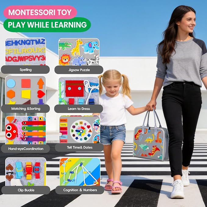 Montessori Busy Board for Toddlers – Sensory Busy Book with Buckles, Zippers, Letters, Animals, Toddler Activities – Fine Motor Skills Development Learning for Boys Girls Travel Activity