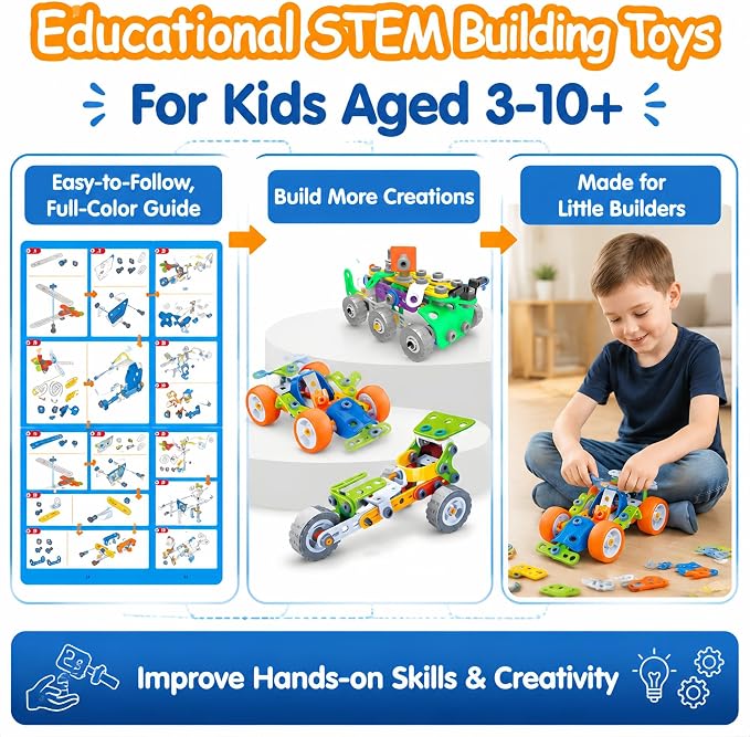 11 in 1 STEM Building Toys, 175 Pieces Construction Kit for Kids Ages 4-8 | 11 Creative Models with Guide Booklet, Encourages STEM Learning & Teamwork, Ideal Gift for Boys Girls, Storage Box Included