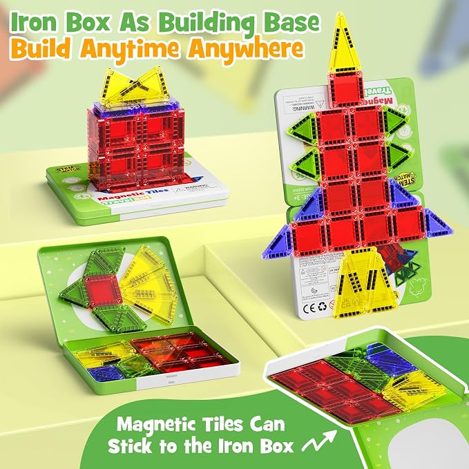 Travel Magnetic Car Tiles Set: Strong Magnets,Road Trip Essentials | 26 PCS Mini Magnet Building Blocks in Tin Box, 0.65lb Pocket Educational Toy, Toddler Airplane Activity Toys Ages 3-8
