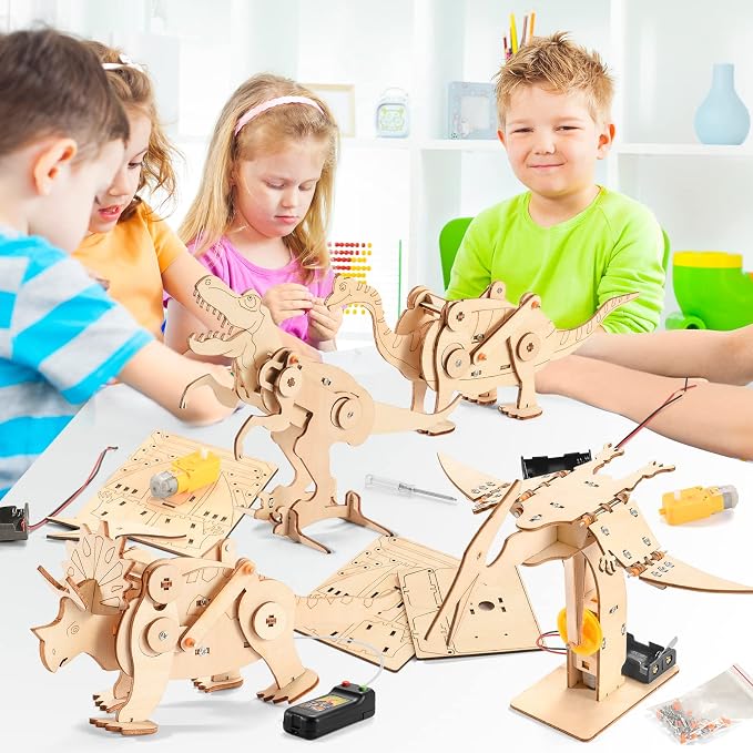 Dinosaur STEM Kits for Kids, 4 in 1 Wood Building Toys for Boys Crafts 8-12 | Build It Yourself Science Woodworking Kit, DIY 3D Wooden Puzzles Model for Kids, Birthday Gift for 8 9 10 11 12 13 Year Old