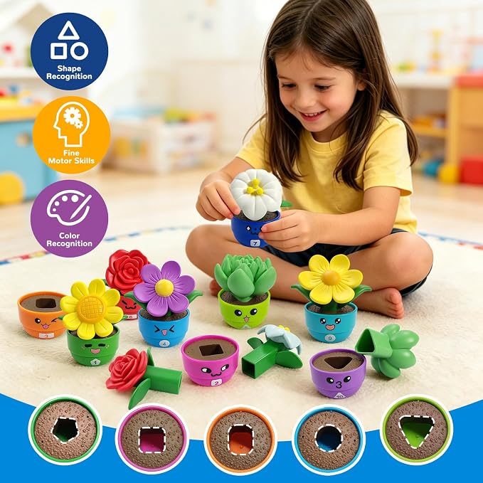 Flower Garden Toddler Toys, Kids Gardening Building Toy, Color Shape Sorting & Matching Game, Montessori Stacking Sensory Learning Toys, 2 Year Old Girl Birthday Gift