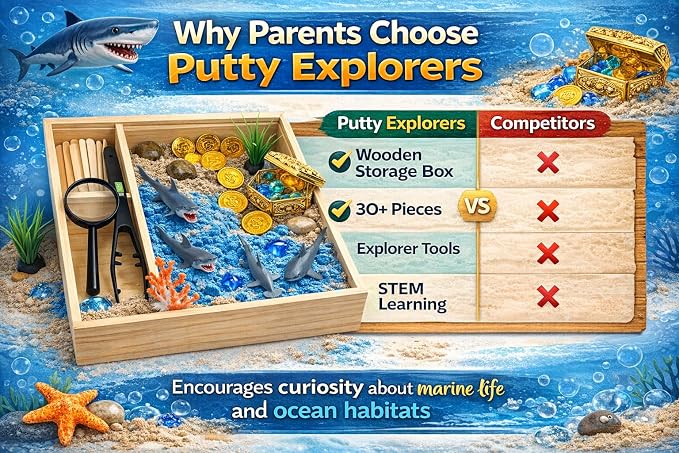 Shark Sensory Bin Kit for Kids - Ocean Sensory Play Kit with Wooden Storage Box, Moldable Sand, Sharks & Treasure Chest - Montessori STEM Learning Toy, Shark Gifts for Boys & Girls Ages 4-8