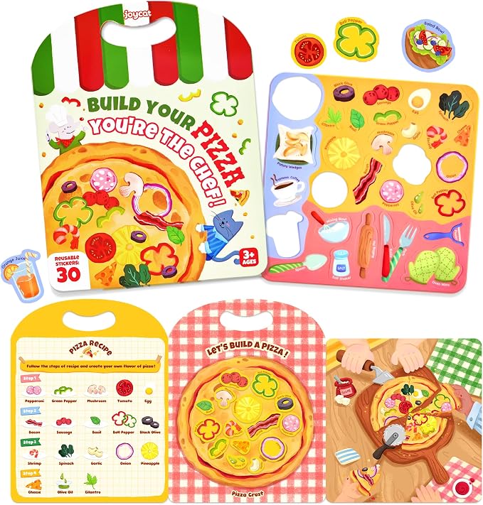 JoyCat Reusable Pizza-Making Sticker Book, Travel Toys for Toddlers & Kids | Washable stickers, kids car activities, airplane toy, road trip fun, toddler activity, birthday gifts for boys and girls