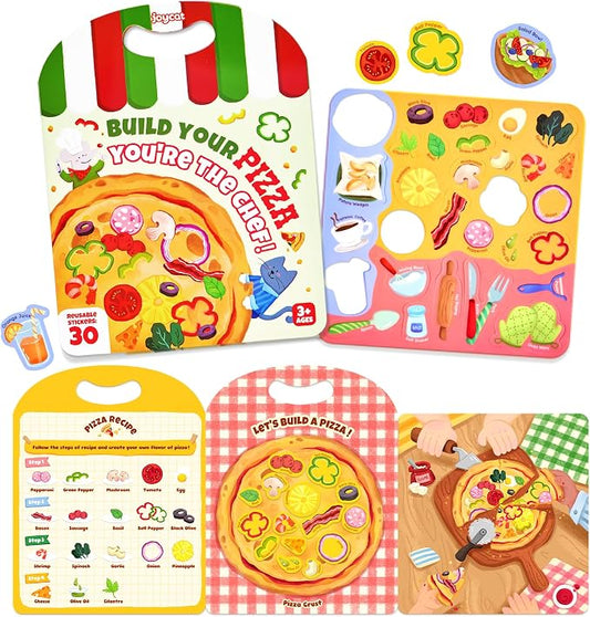 JoyCat Reusable Pizza-Making Sticker Book, Travel Toys for Toddlers & Kids | Washable stickers, kids car activities, airplane toy, road trip fun, toddler activity, birthday gifts for boys and girls