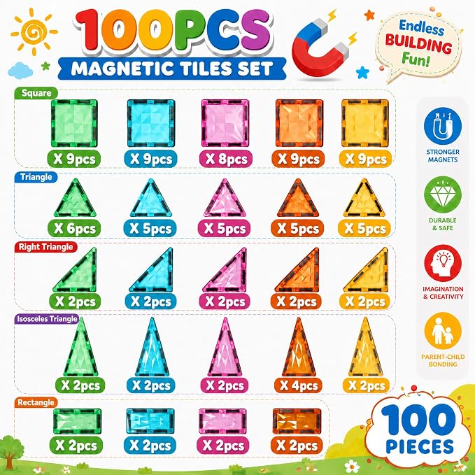 100-Piece Magnetic Tiles, STEM Building Blocks Construction Set | Encourages creativity, imaginative play, and early learning through hands-on exploration