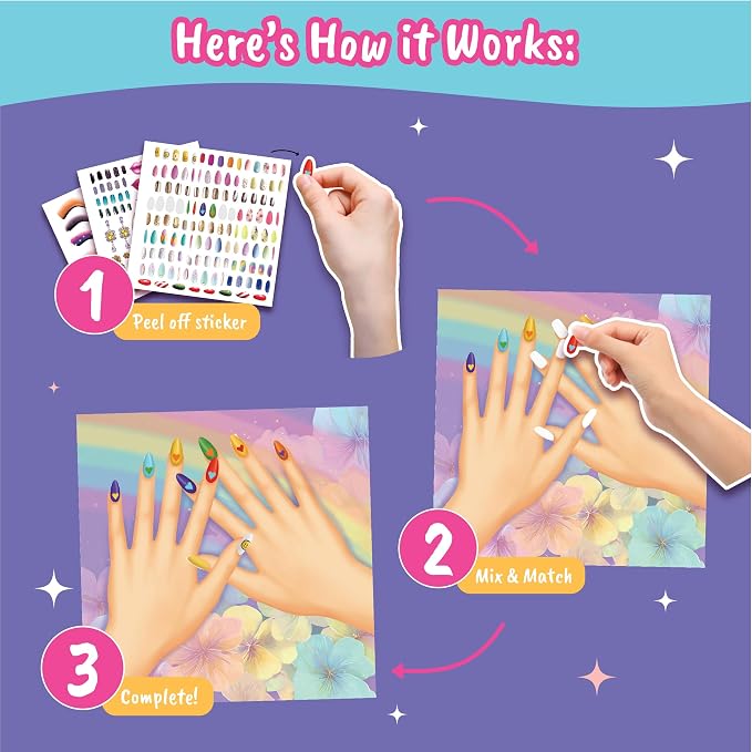 BSCOOL Nail Sticker Book for Kids – Drawing Coloring Makeup | Features 240+ removable stickers for endless nail design and makeup combinations. Suitable gift for girls ages 4 and up.