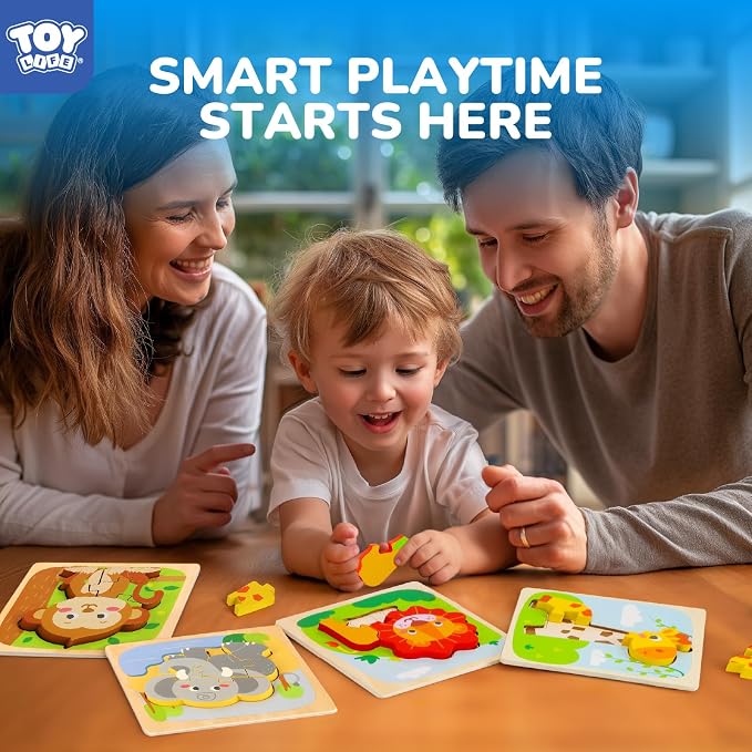 TOY Life Wooden Puzzles for Toddlers 2-4, Montessori Toys for 1 2 3 Year Old Boys Girls, 4 Piece Animals Puzzles Educational Learning Toys, Birthdays Gifts Toy for 2 Year Old Girl Boy