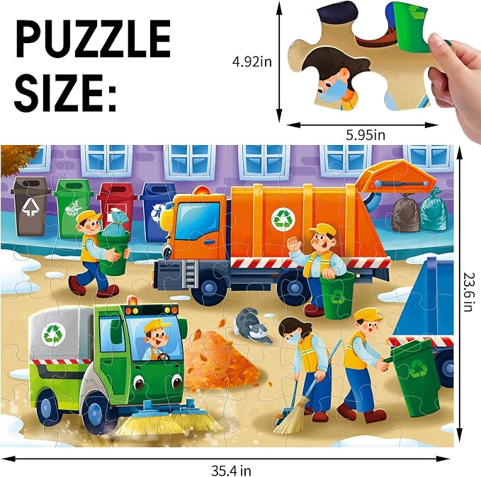 Jumbo Floor Puzzle for Kids,48 Piece Garbage Truck Jigsaw Puzzle Ages 3-8 | Recycling Trash Truck Vehicle,Extra-thick Cardboard,35x24 in Completed,Preschool Learning Toy Gift for Boys and Girls