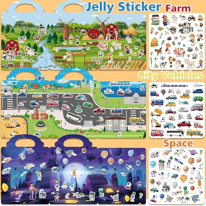 3 Sets of Reusable Jelly Stickers Books - Jelly Sticker Books for Kids - Airplane and Car Travel Toys Educational Gifts for Boys and Girls（Vehicles+Farm+Space）