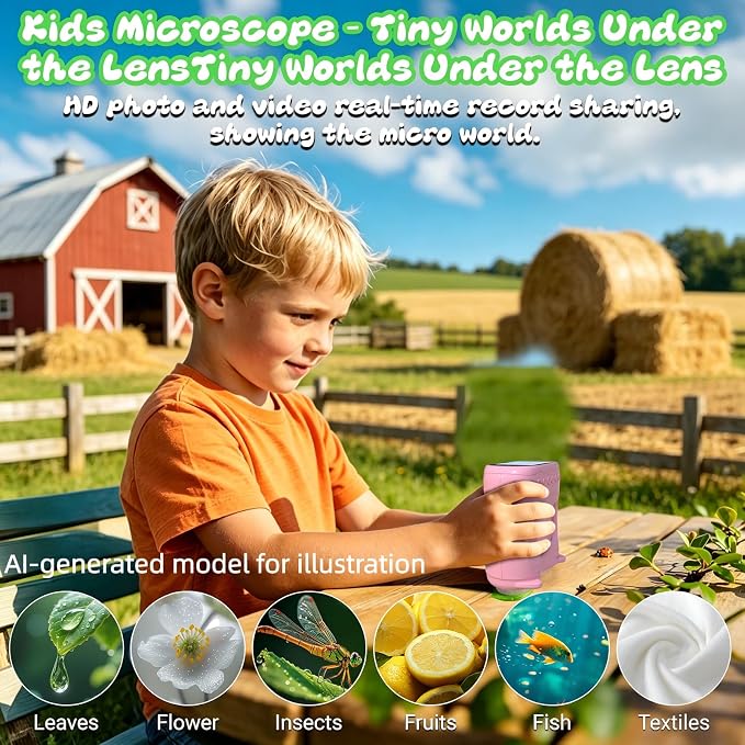 2.0" Pocket Kids Microscope, 2 in 1 1000X Handheld Digital Microscope & 10X Telescope for Kids - Science Kits STEM Toys - Gifts for Girls Boys Ages 3 4 5 6 7 8 9 10 11 12（Pink）