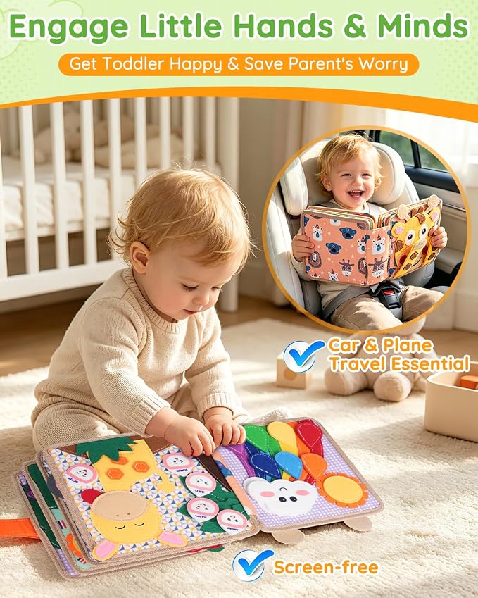 Cobelae Montessori Busy Book for Toddlers 1-3, Toddler Busy Board | Felt Quiet Book, Airplane Travel Toys for Kids Ages 1+ Year Old,Baby Learning Activity Books,Boys Girls Gifts for 1 Year Old