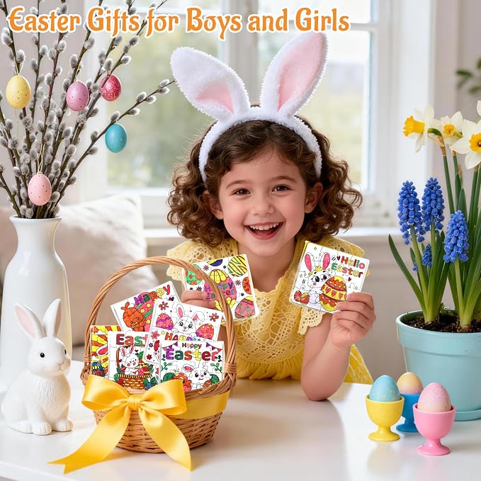 24 Pcs Easter Crafts Puzzle for Kids Ages 4-8, Easter Activities Arts DIY Jigsaw with Egg Bunny Basket Flower, Spring April Craft for Party Favors Gifts Christian Classroom Coloring Games Toy Bulk