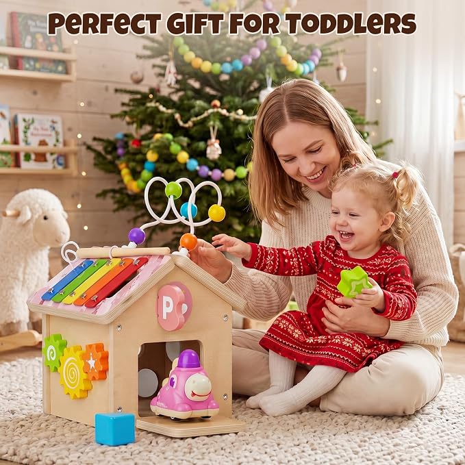 Wooden Activity Cube for Toddlers 1-3 with Press to Go Car Toy, Montessori Baby Educational Learning Toys for Kids, Multipurpose Infant Activity Center, for Girls Boys 1+ Year Old