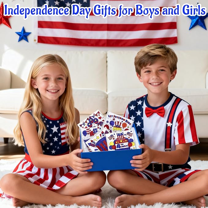 24 Sets 4th of July Crafts for Kids, Patriotic Crafts Activities DIY Puzzle Kits Red White Blue Star Flag Independence Day Memorial Day Jigsaw Painting Arts for Party Favors Gift Supplies Coloring Toy
