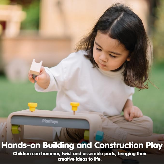 PlanToys® Wooden Little Tool Bench Montessori Construction Kids STEM Toy | hammer, wrench, screwdriver, kids tool set, girls, boys, fine motor problem solving imaginative role play gift preschool