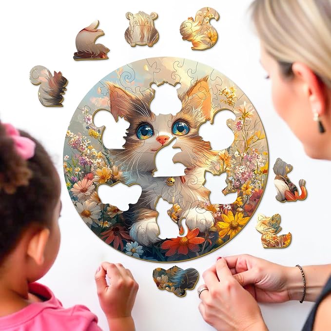 Animals Wooden Puzzles for Kids - Lovely Cat | 50 Piece Puzzles for Kids Ages 6-8, Kids Puzzles with Unique Animal Shapes, Round Gift for Girls and Boys (11.4 * 11.4 in)