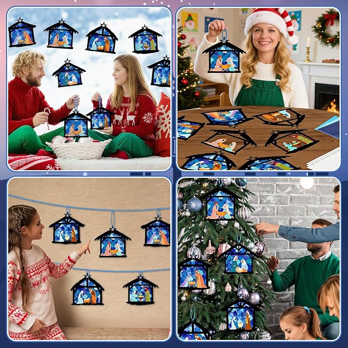 Qyeahkj 36 Set Christmas Nativity Suncatchers Crafts for DIY Nativity Scene Window Tissue Paper Craft Kit Hanging Decor for Xmas Holiday Home Activity Art Project Birthday Party Favor Gift