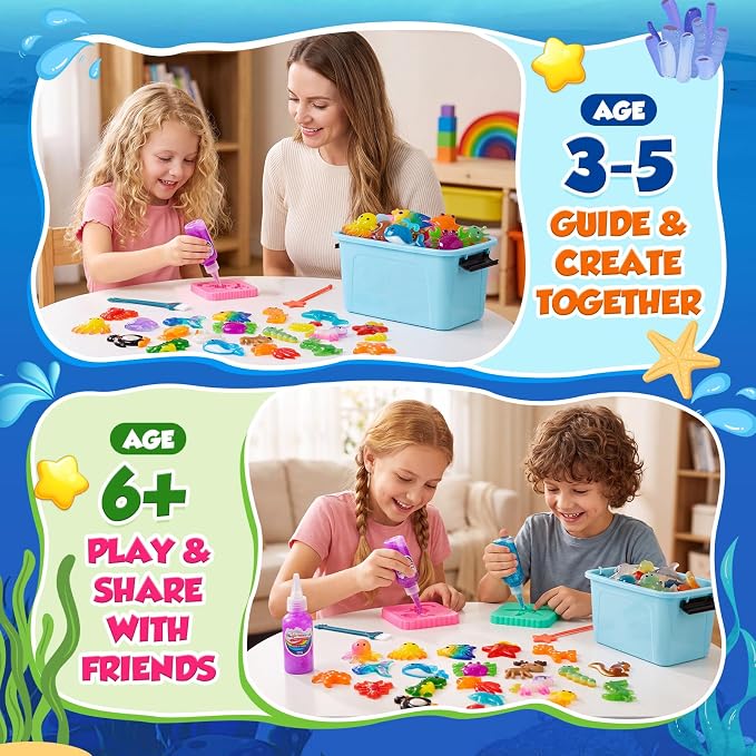Nisuez Magic Water Elf Toy Kit - 50 Magic Gels (4 Type) & 20 Colorful Molds | DIY Squishy Making Kits Sensory Toys for Kids Color Shape Recognition & Fun Early Learning, 2 Display Bottles & Storage Bins
