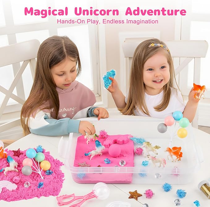 Unicorn Sensory Sand Bin-38 PCS Set with 2 lb Magic Sand, Sensory Bin for Toddlers & Scooper-Count Sparkly Pom-Poms, Bring Unicorns to Life - Ideal Gift for Kids | 38 piece toddler sensory bin kit with magic play sand, scoopers, and sparkly pom-poms. I...