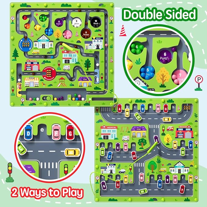 rifamee 2 in 1 Magnetic Color and Number Maze Magnet Alphabet Counting Double Sided Board Wood Puzzle Fine Motor Skills Montessori Preschool Toys Gifts for Boys and Girls 3-5 Age (Big Car, One Size)