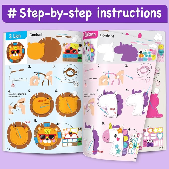 EZCRA Unicorn Sewing Kit for Kids Ages 4-8 - 8 Beginner Projects | DIY Sewing Craft Kit for Girls. 8 Beginner Learn to Sew Projects. No Mess Gift. Full Instructions and Felt Stickers included.
