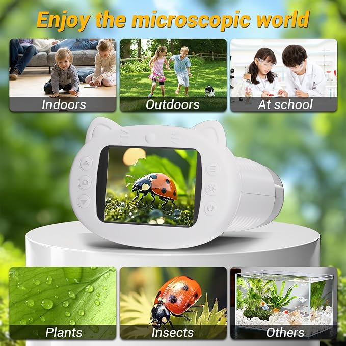 WINWEND Pocket Kids Microscope 1000X Handheld Microscope for Photo and Video Portable Science Kits STEM Toys – Christmas/Birthday Gifts for Girls & Boys Ages 3-12(White)