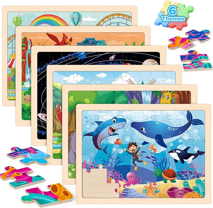 6-Pack Wooden Puzzles for Kids Ages 3-5, 60-Piece Animals Jigsaw Set | Toddler Puzzles Ages 3-5, Preschool Puzzles with Wooden Jigsaw Boards for Fine Motor Skills, Shape Recognition and Travel