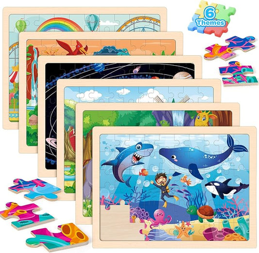 6 Themed Wooden Puzzles for Kids Ages 3-5, 60 Pieces Each | 6 x 60 Piece Puzzles 6-8, Dinosaur, Farm, Jungle Animals, Ocean Life, Solar System, Amusement Park, Kids Birthday Gifts