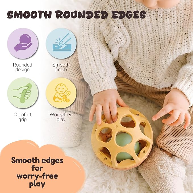 Sensory Rattle Balls, Textured Teething Sensory Toy for Babies 6-12M | BPA-Free Wheat Straw, Bright Colors, Shake-to-Rattle Sound, Cause & Effect Play, Lightweight Baby Gift, Yellow