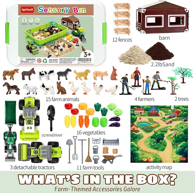 Aprilwolf 69 PCS Farm Sensory Bin Toys Playset, Sandboxes with Sand | Farmer Tractor & Farm Animals Figures Toys for Kids 3 4 5, Gifts for 6 7 8 Years Old Boys Girls
