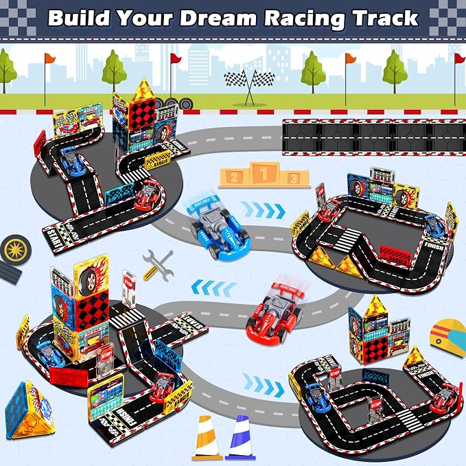 Magnetic Tiles Road Set | Magnet Tiles Race Track, Magnetic Car Racing Tile for Kids Ages 4-8 5-7, Magnetic Tile Rails Building Toys STEM Learning Sensory Birthday Gifts for 3+ Years Old Boys Girls