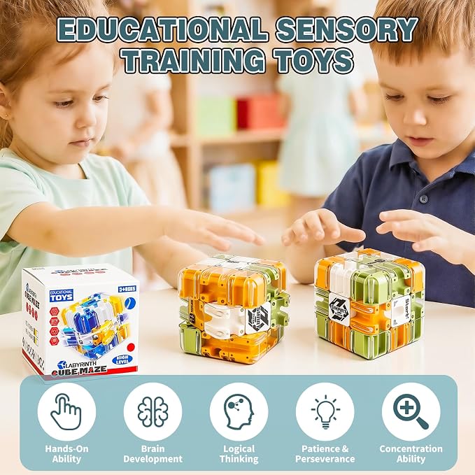 3D Maze Cube Ball Puzzle Brain Teaser for Adults & Kids, Educational Learning Toys Logical Thinking, Family Board Games Tabletop, Durable Puzzle Cube (Green&Brown&White-B, 3.3x3.3x3.3)