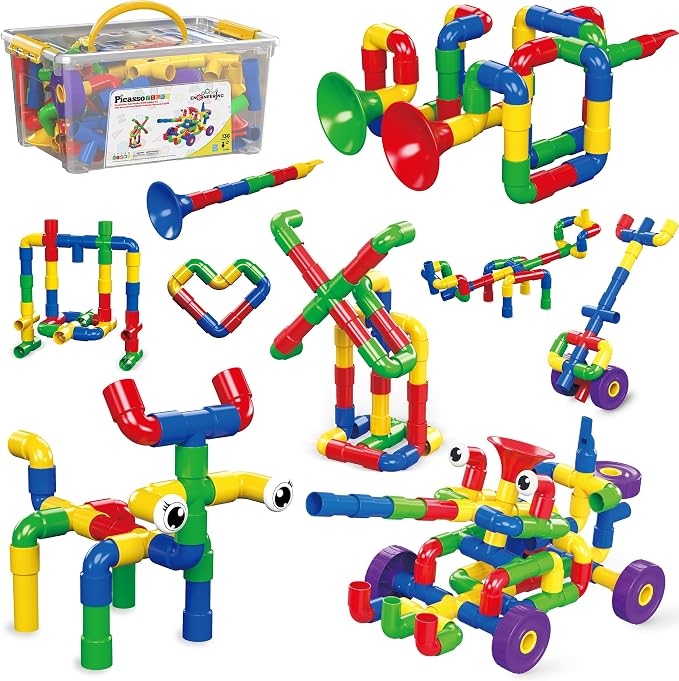 PicassoTiles PTT136 136pcs Tubular Pipes & Spout STEAM Interlocking Educational Building Block Set, Tube Locks, Pipeworks Construction Blocks w/Storage Container Box, Idea Book, Flute Musical Kit | 7 tube styles, easy-connect joints, idea guide, storag...