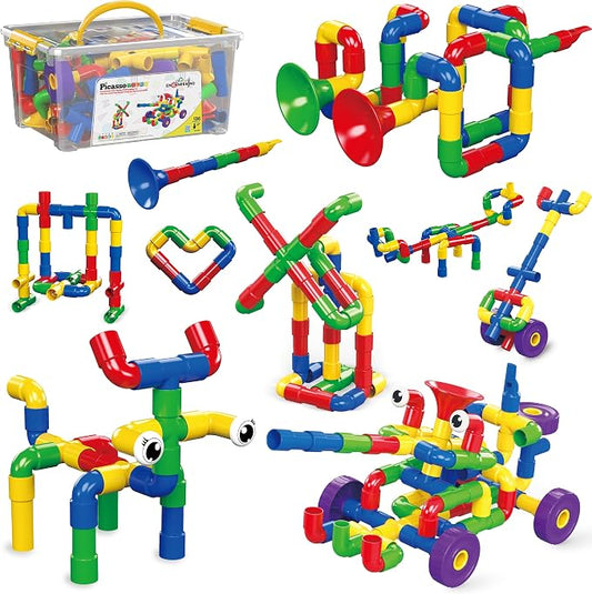 PicassoTiles PTT136 136pcs Tubular Pipes & Spout STEAM Interlocking Educational Building Block Set, Tube Locks, Pipeworks Construction Blocks w/Storage Container Box, Idea Book, Flute Musical Kit | 7 tube styles, easy-connect joints, idea guide, storag...