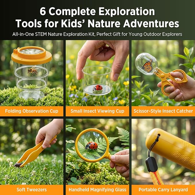 Kids Bug Catcher Microscope STEM Exploration Toy for Ages 3+ | 2.4" IPS screen, 500X Magnification, 8 LED lights, photo and video record, bug catching kit for kids 3‑12 outdoor STEM toy