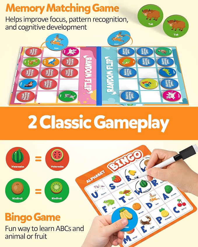 Coogam Alphabet Bingo Game, ABC Learning Letter Recognition and Phonetic Words with Pictures - Early Educational Activity Gift Toys for Kids Age 3-7