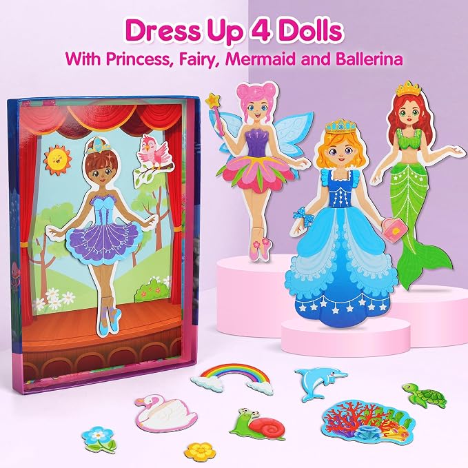 Mocoosy Magnetic Dress Up Dolls for Girls, Princess Mermaid Fairy Ballerina Magnet Doll Playset, Travel Game Airplane Car Road Trip Activity Essential Toy Birthday Gift for Toddler Girl Age 3 4 5 6 7