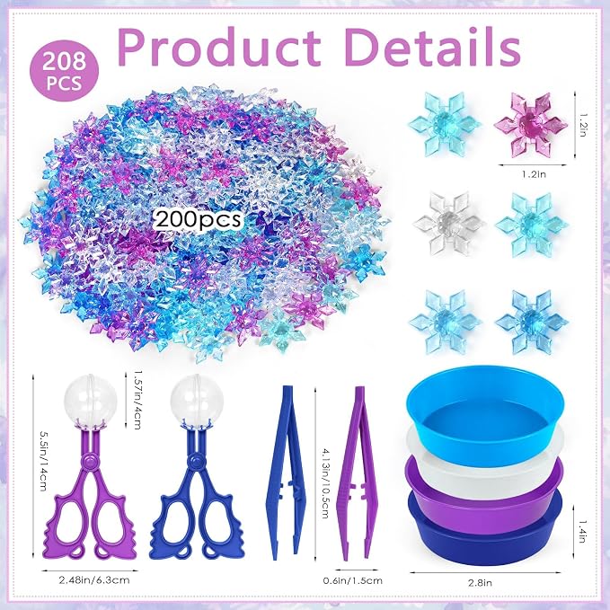 208 Pcs Winter Frozen Sensory Bin Items Winter Acrylic Snowflake Counting Sorting Sensory Bin Filler Frozen Snowflake Counts Decor