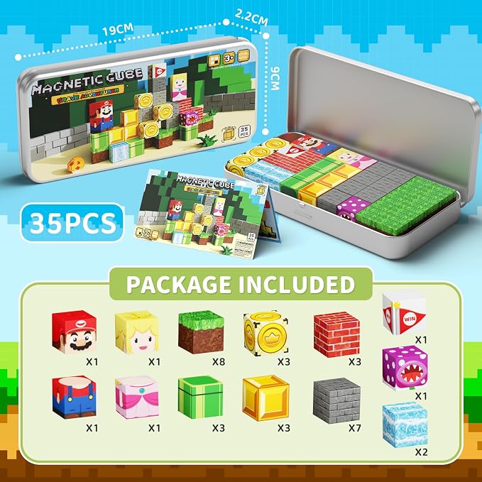 WMXDU Mini Magnetic Blocks Travel: Magnetic Building Toys with Iron Box | Adventurer-Themed 35PCS Building Set, Travel-Size Iron Box Prevents Lost Pieces, 60+ Min Quiet Play on Trips, Great Gift