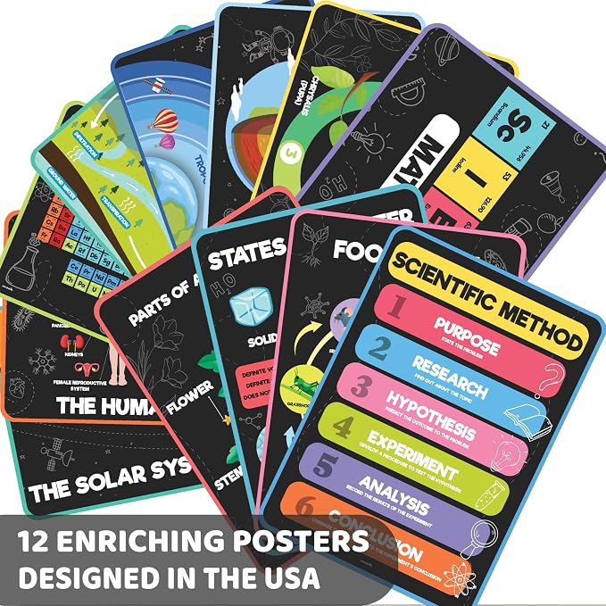 Jackinthebox 12 Science Posters for Kids Classroom Decor, Elementary School | Trendy Arts Kit, 5th Grade, Middle Teen Girls, Journal Gifts, STEM Learning, Educational Wall Display Set, Ages 10-14, Modern