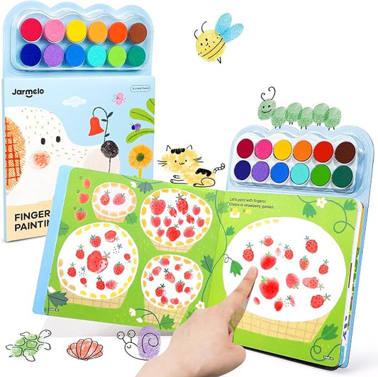 Jar Melo Fingerprint Coloring Book for Kids, 12 Colors Ink Pad Handprint Coloring Book, Preschool Art Learning, Travel Activity for Kids 3+