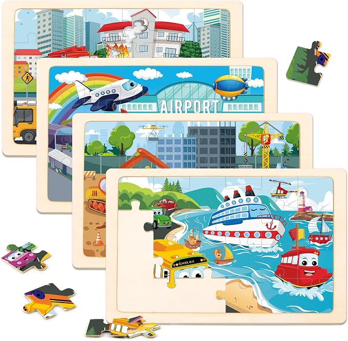 Wooden Puzzles for Kids Ages 3-5, 4 Packs Puzzles for Kids Ages 4-6,Vehicle | 24-Piece, Truck, Vehicle, Wood Jigsaw Puzzles for Toddlers 3-5,Preschool Educational Toys, Gifts for Children Ages 4-8 Boys